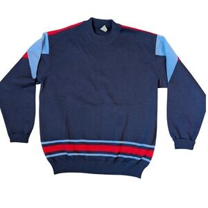 Vintage Pure New Wool Colorblock Striped Crewneck Sweater Navy Blue Red L